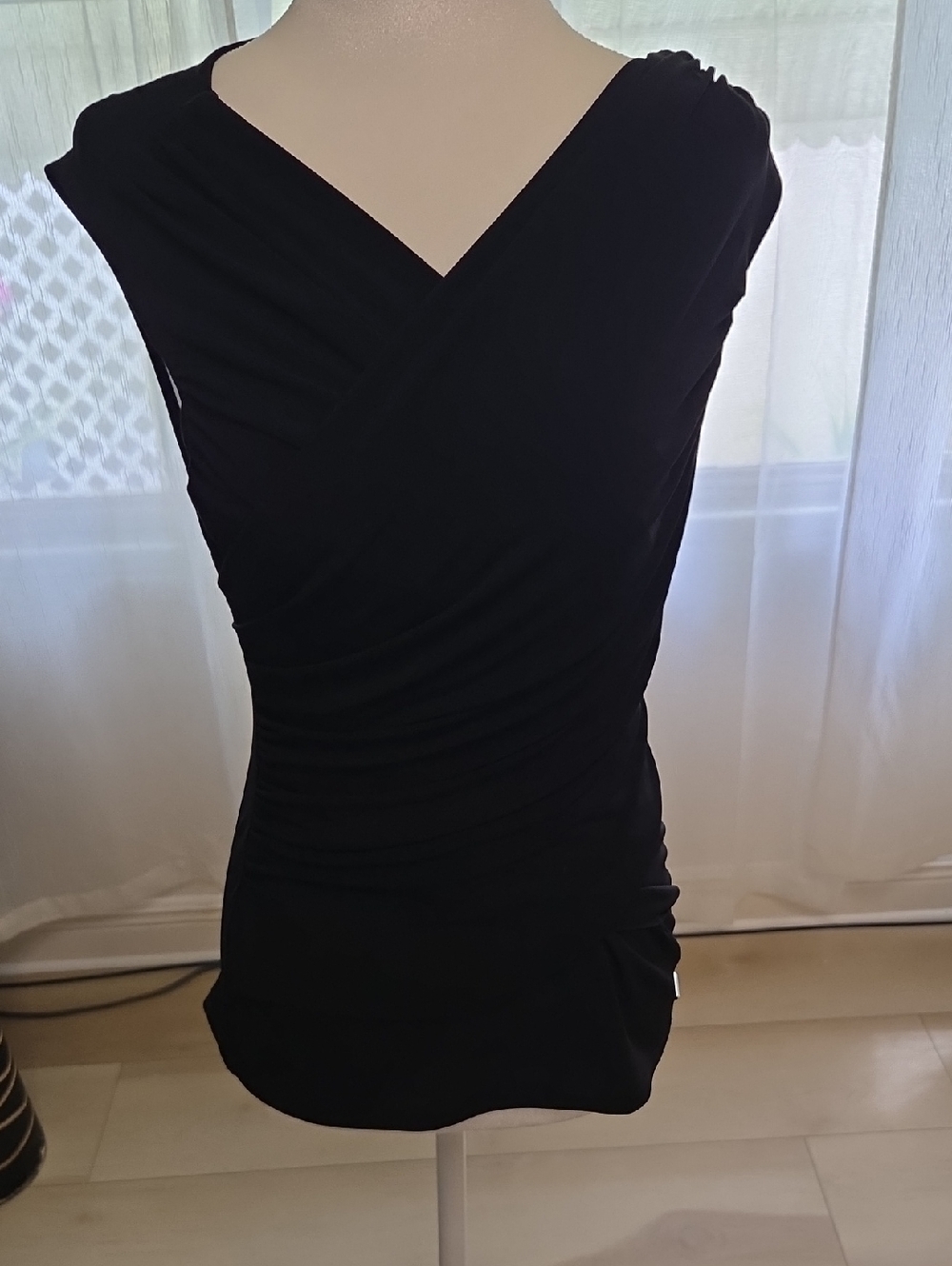 Tahari Black Sleeveless Draped Surplice Neck Ruched Blouse Top Small